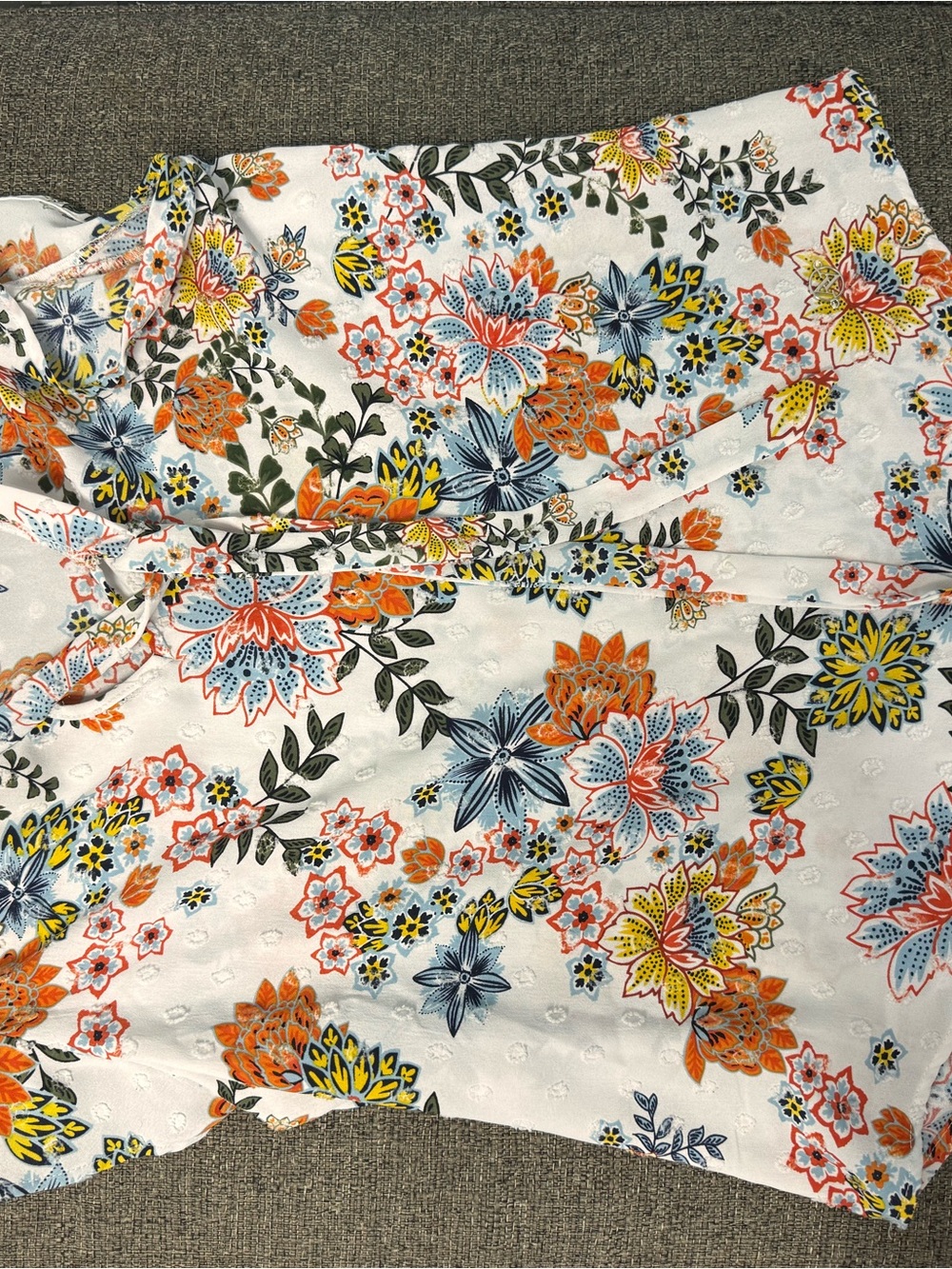 White Floral Blouse with Orange, Blue & Yellow Blooms